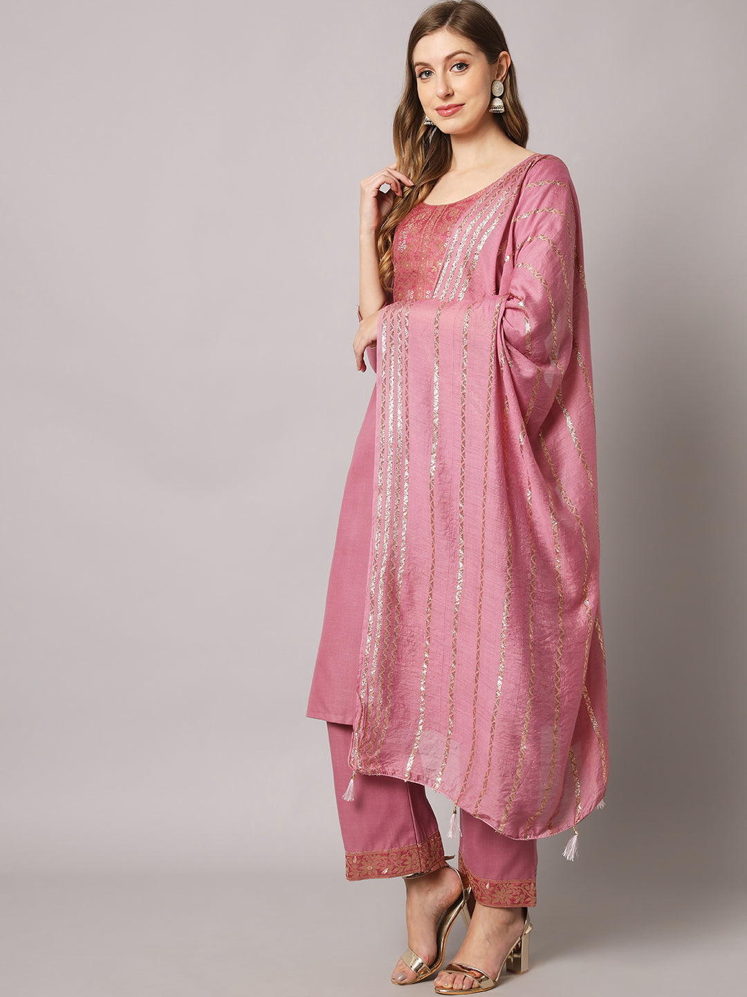 Cotton blend jacquard gala kurta set with dupatta