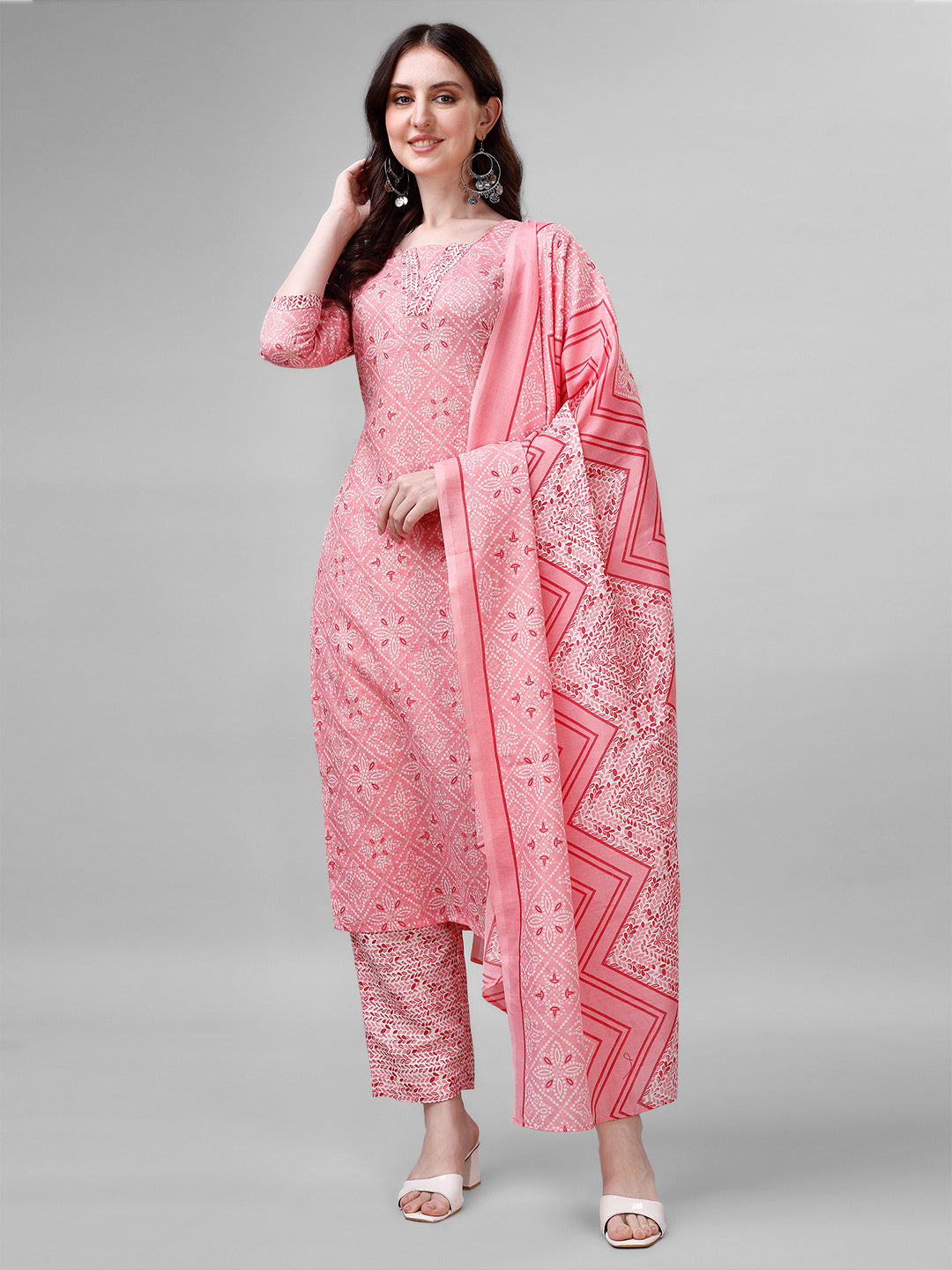 Cotton blend foil print kurta set with dupatta
