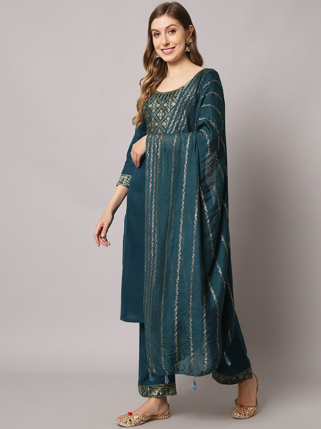 Cotton blend jacquard gala kurta set with dupatta