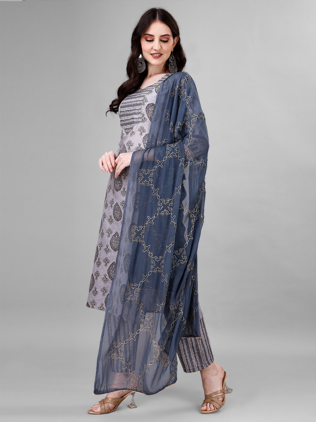 Cotton blend print kurta set with dupatta