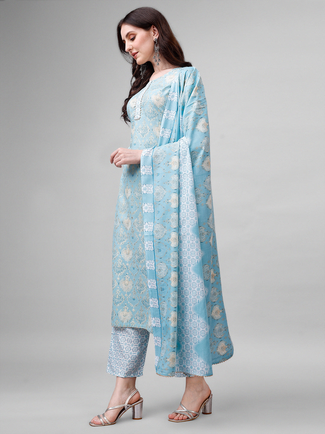 Cotton blend foil print kurta set with dupatta