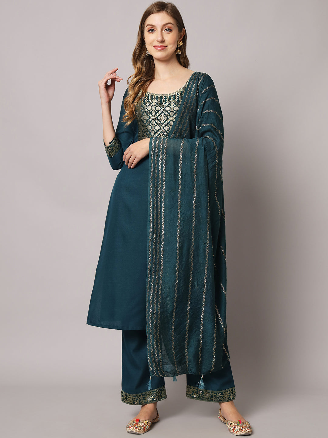 Cotton blend jacquard gala kurta set with dupatta