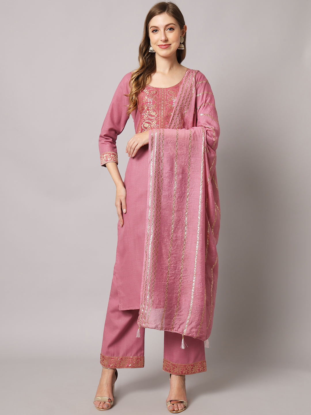 Cotton blend jacquard gala kurta set with dupatta