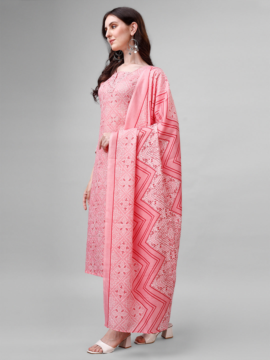 Cotton blend foil print kurta set with dupatta