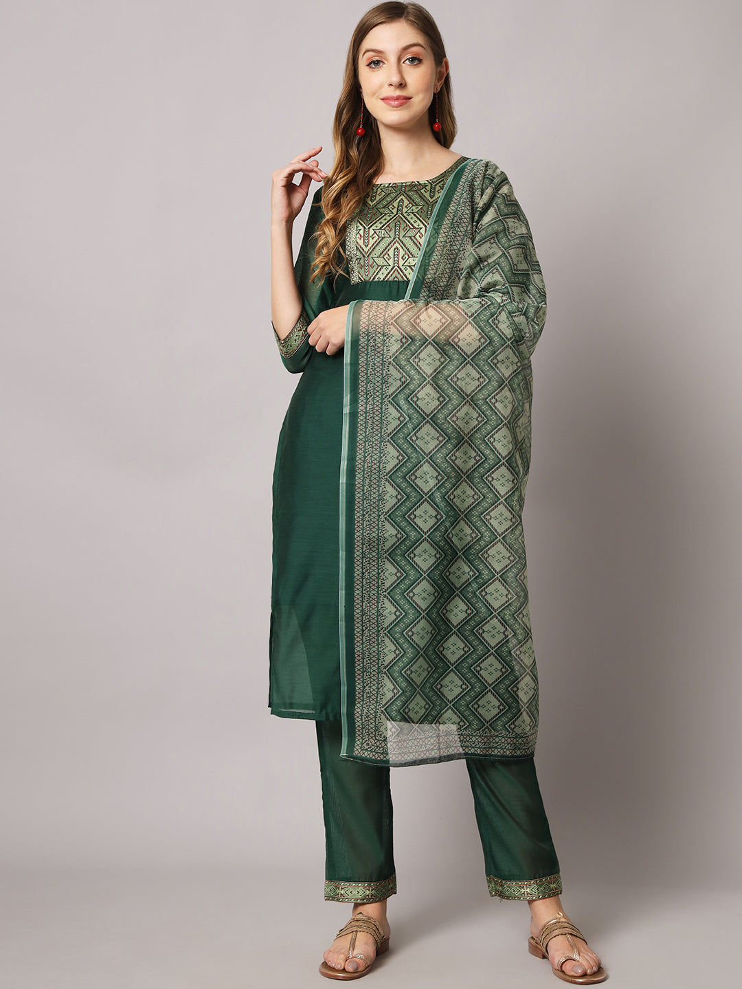 Cotton spun blend jacquard gala kurta set with dupatta