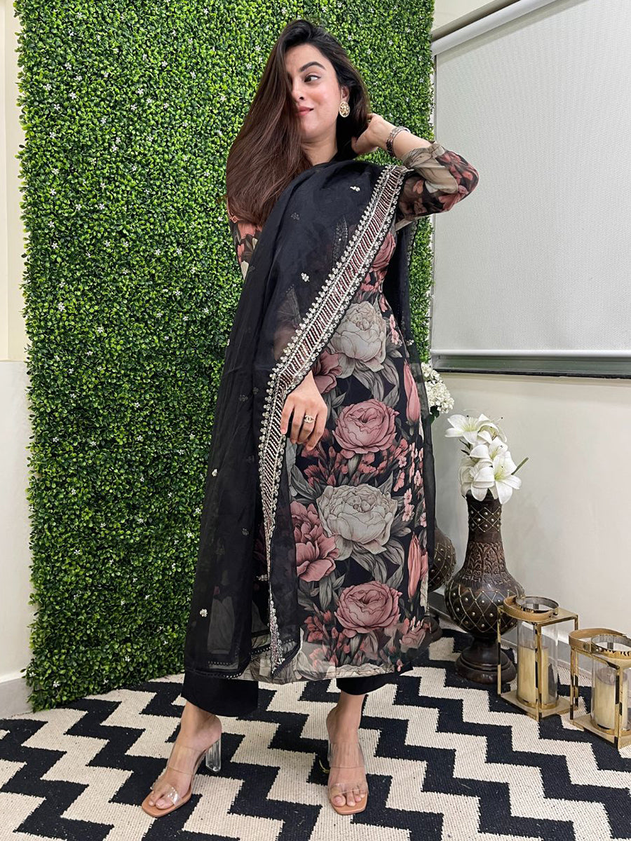 organza floral printed kurta sets for women