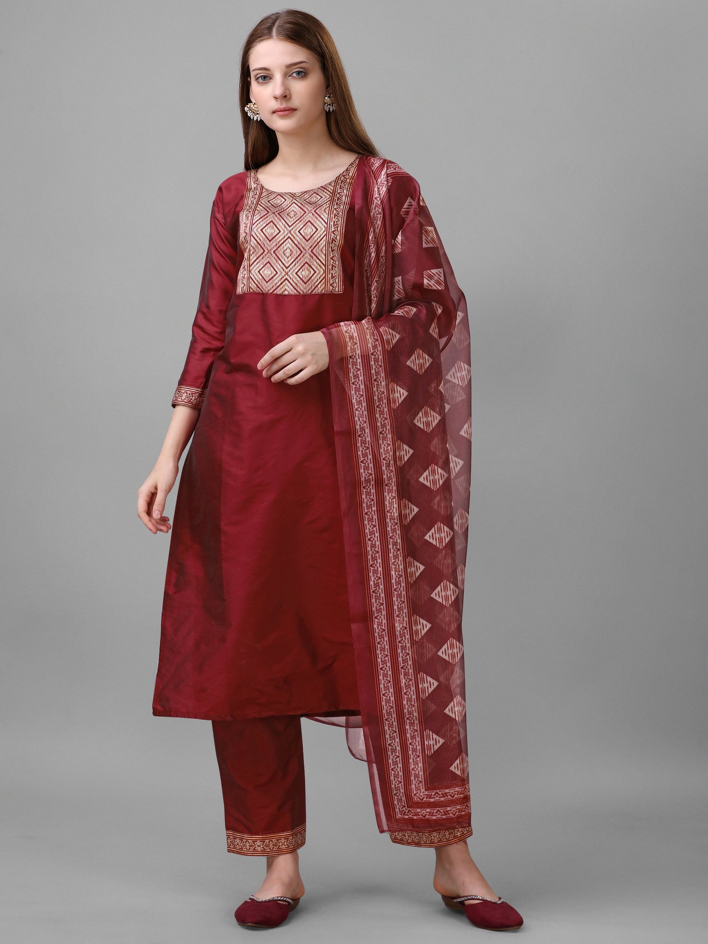 Silk blend jacquard gala kurta set with dupatta