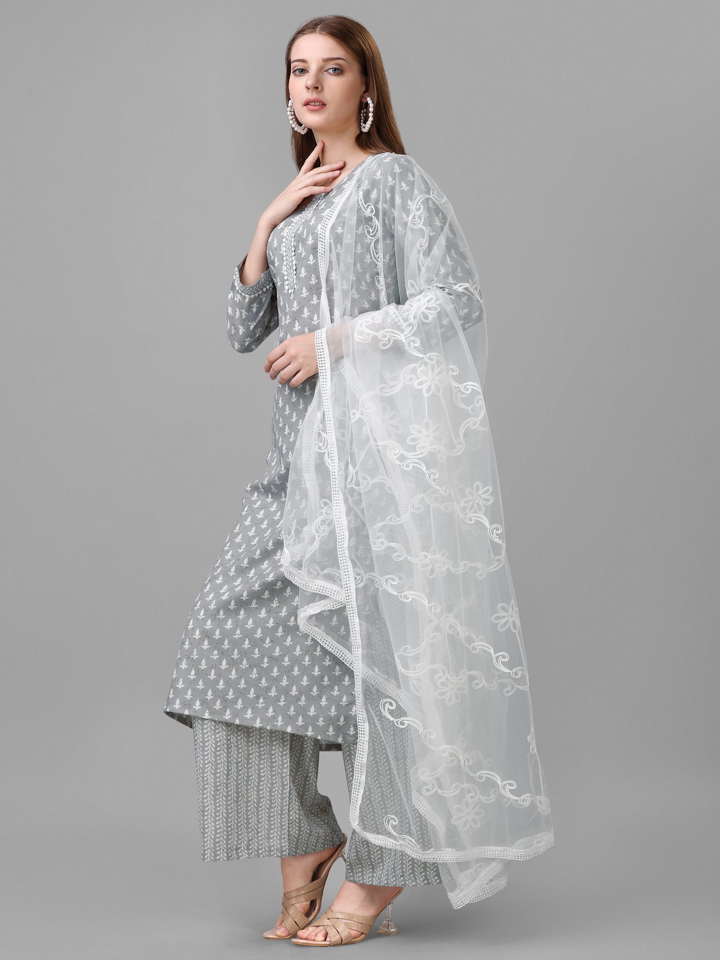 Cotton blend foil print kurta set with dupatta