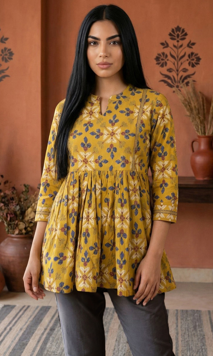 Women’s Cotton Floral Printed A-Line Tunic Top for Office Wear