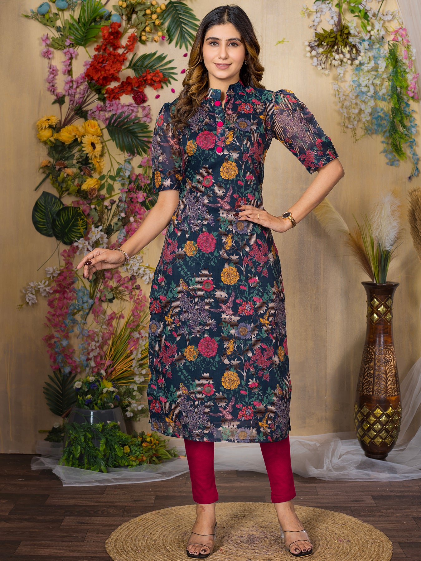 Chanderi Floral Printed Calf Length Kurta For Women