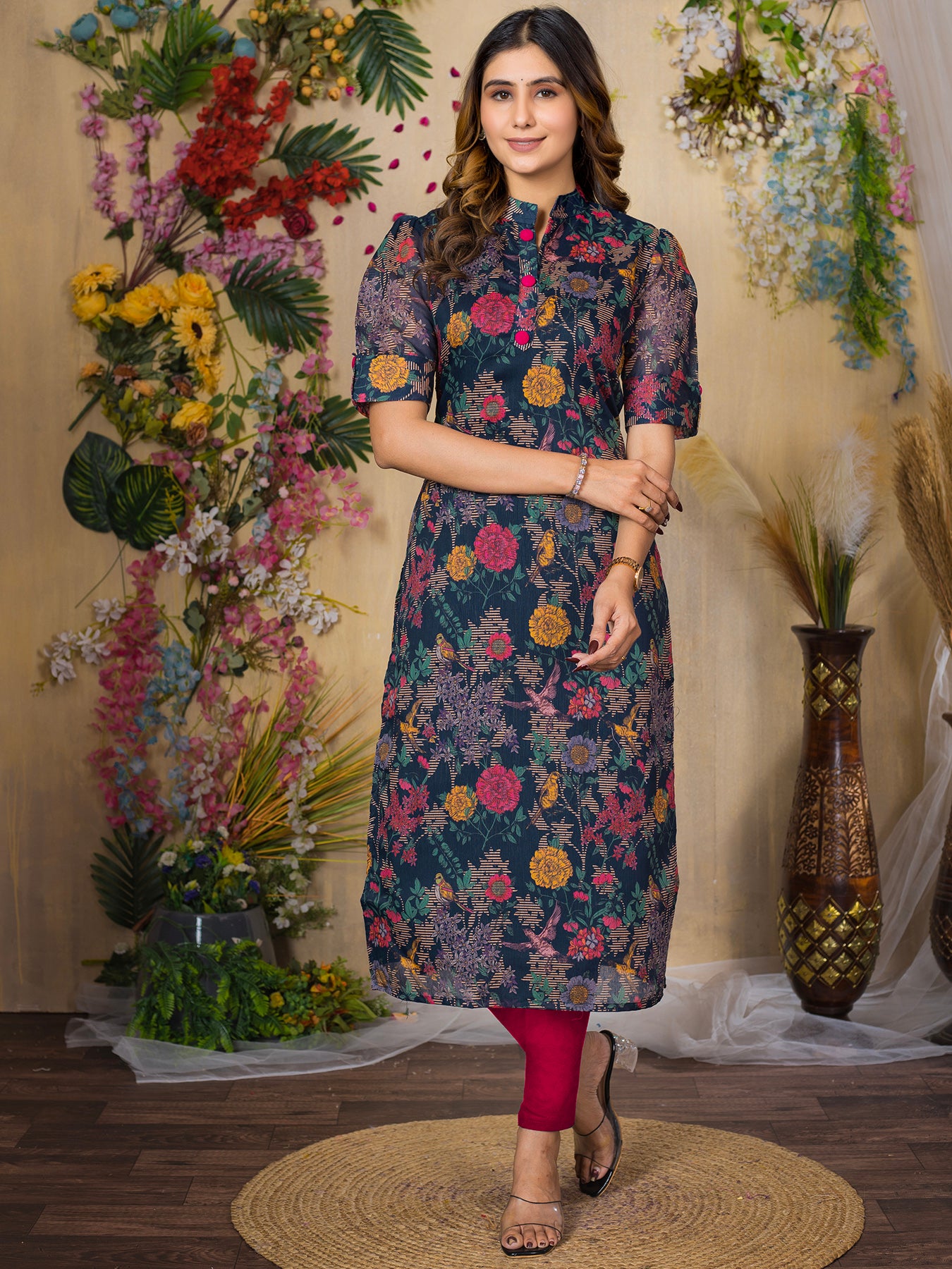 Chanderi Floral Printed Calf Length Kurta For Women