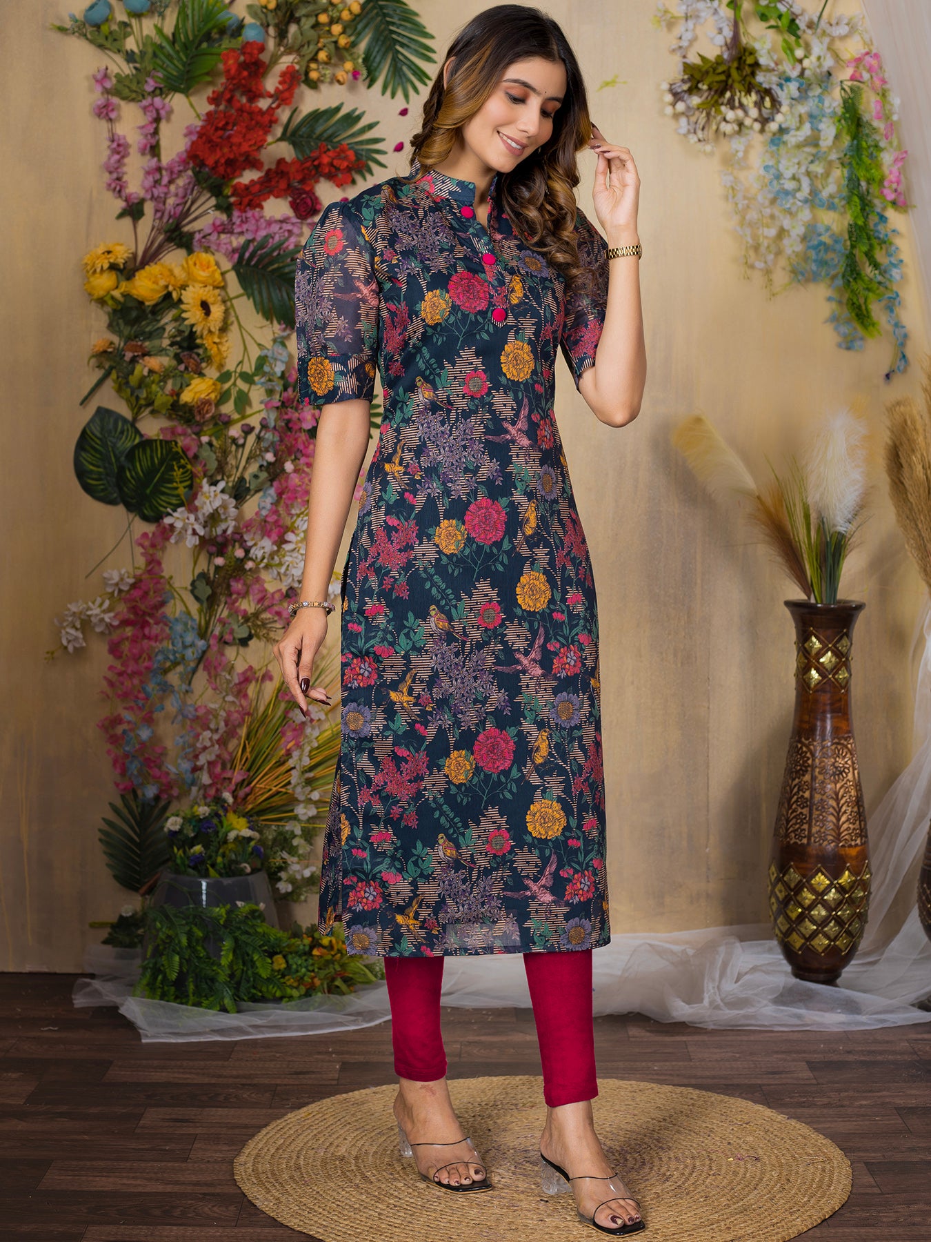 Chanderi Floral Printed Calf Length Kurta For Women