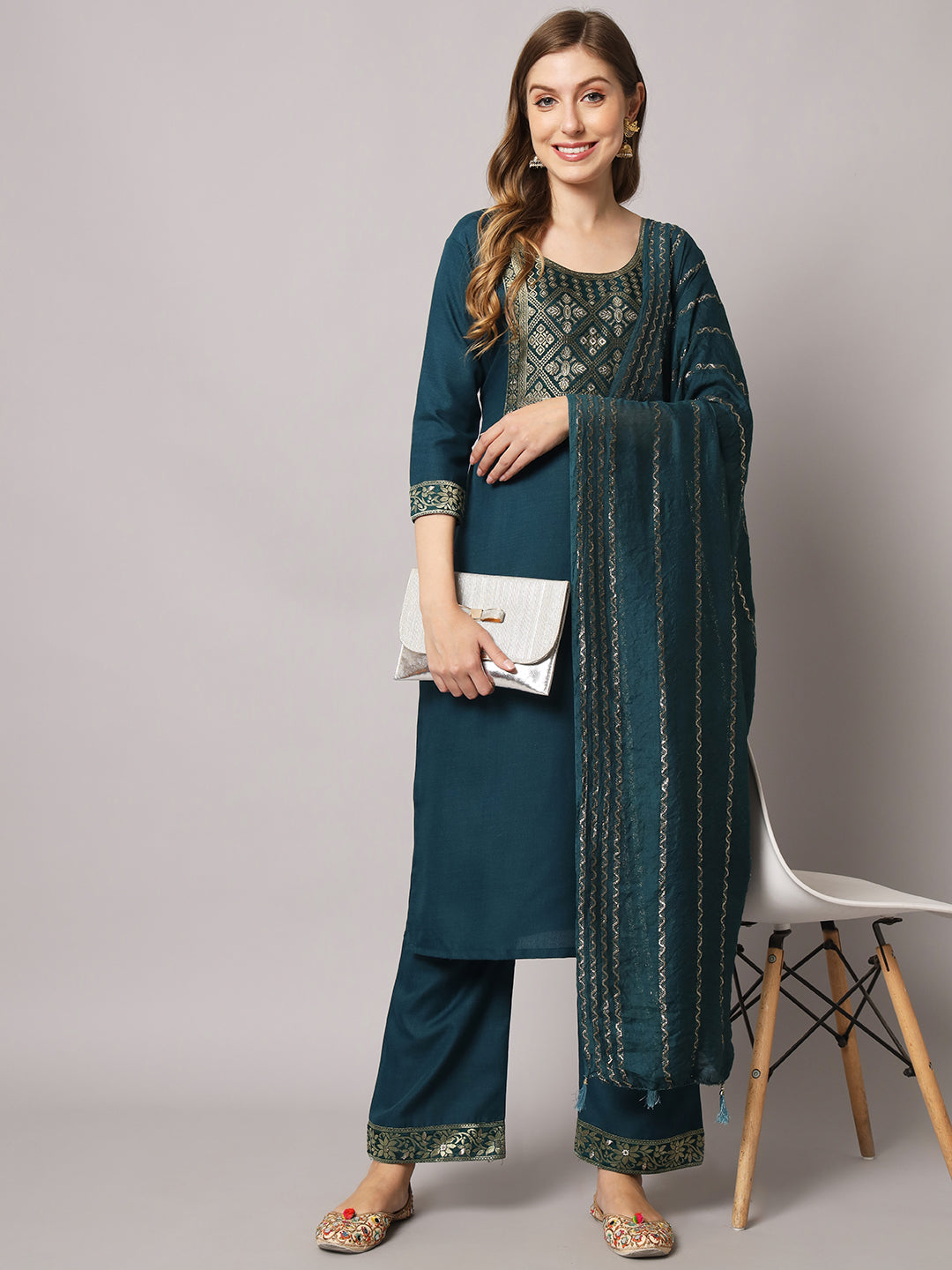 Cotton blend jacquard gala kurta set with dupatta