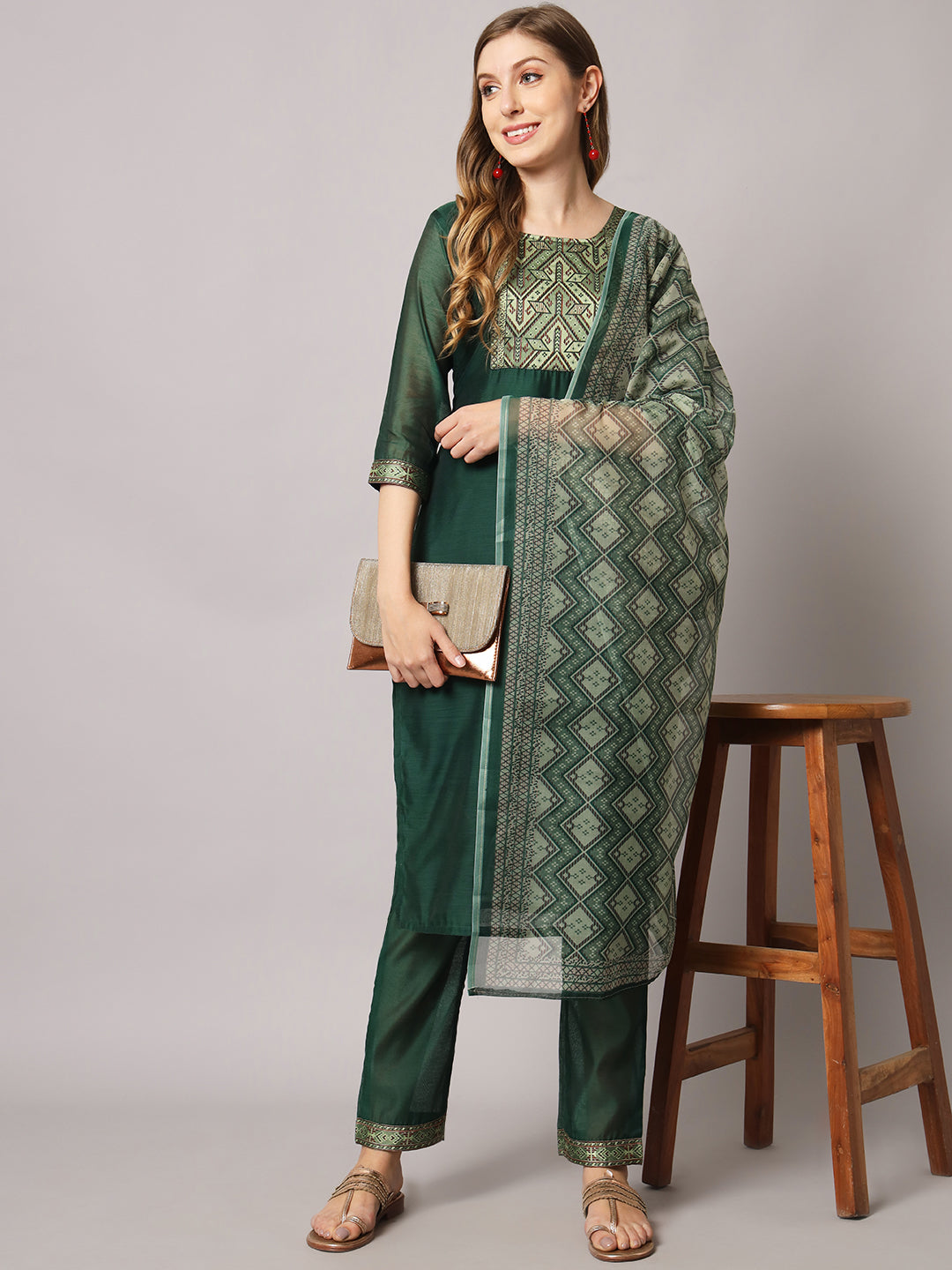 Cotton spun blend jacquard gala kurta set with dupatta