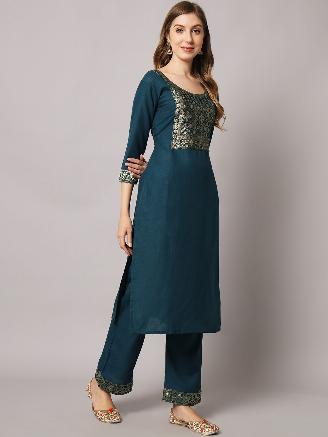 Cotton blend jacquard gala kurta set with dupatta