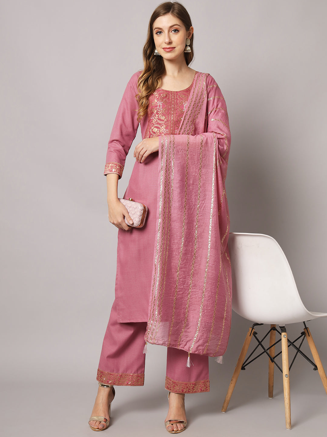 Cotton blend jacquard gala kurta set with dupatta