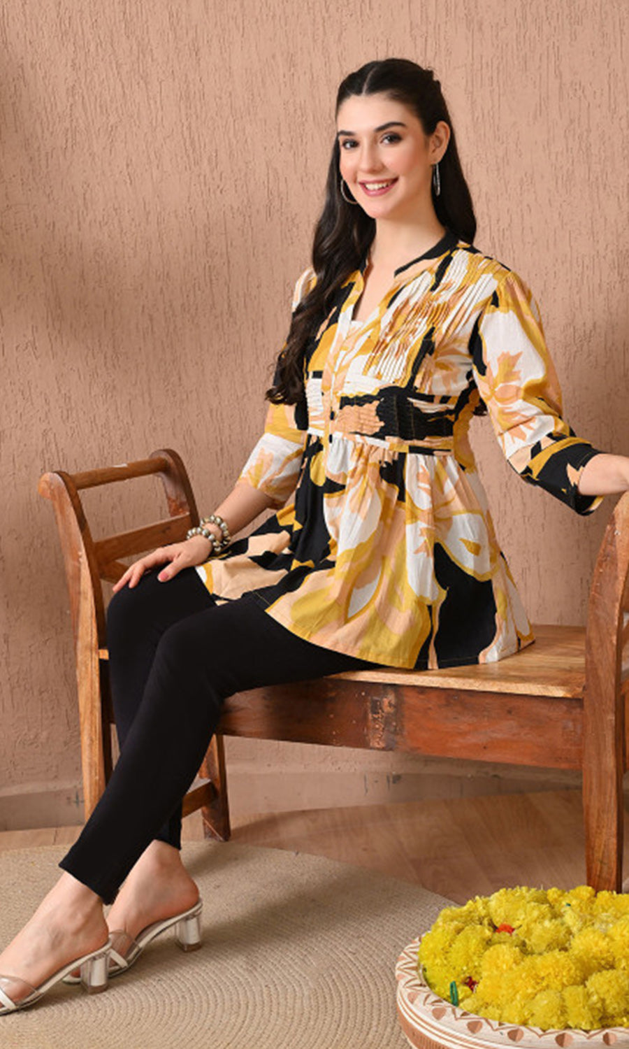 Women’s Cotton Abstract Printed Pleated Yoke Top