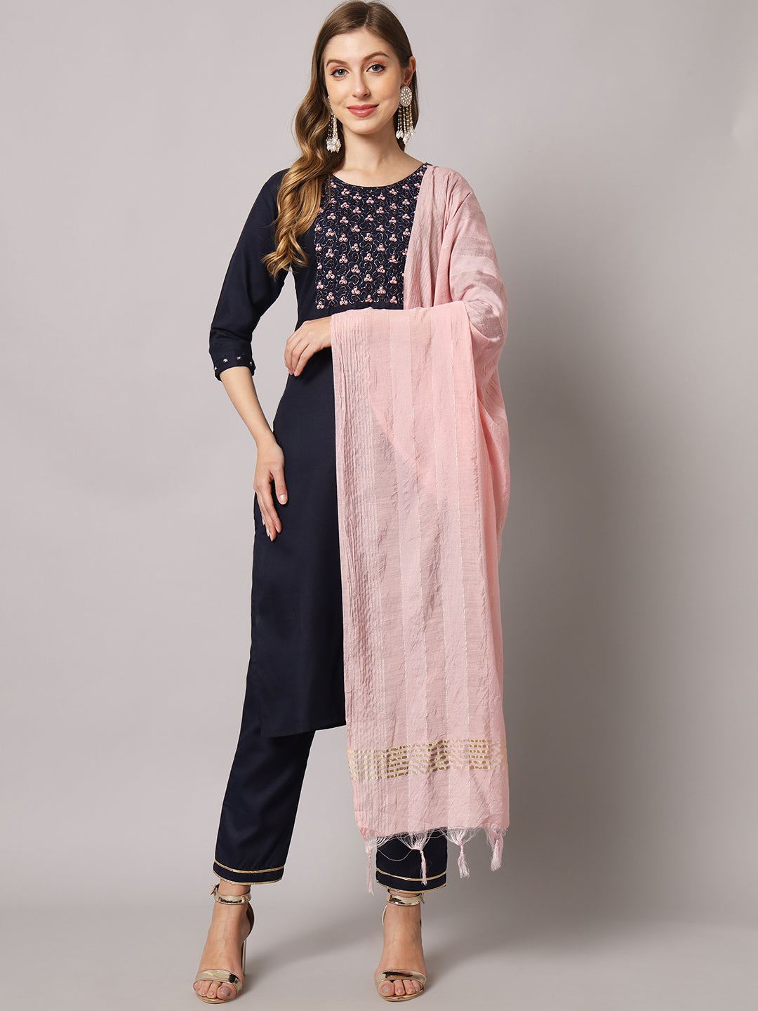 Cotton blend hand embroidery kurta set with dupatta