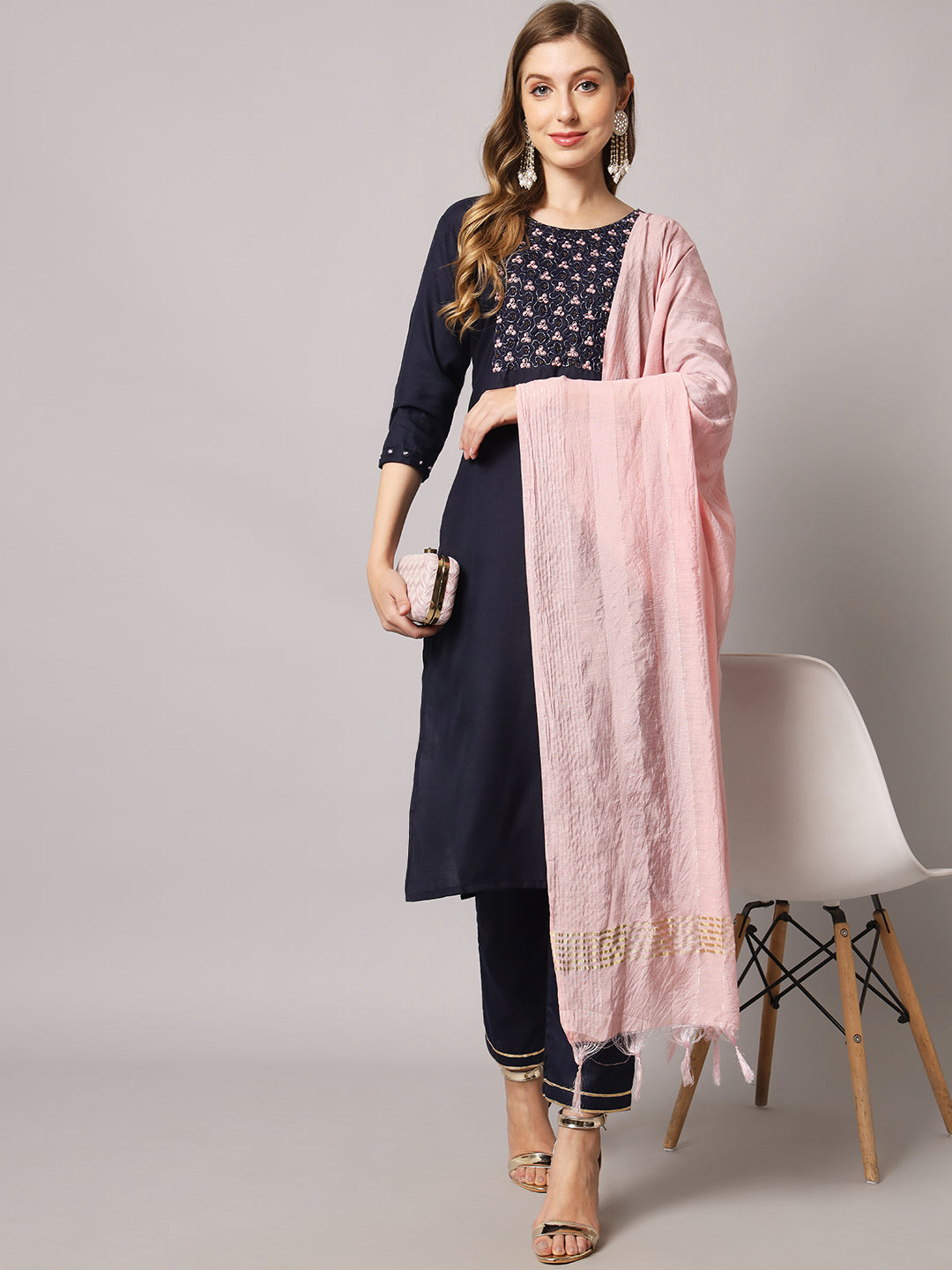 Cotton blend hand embroidery kurta set with dupatta