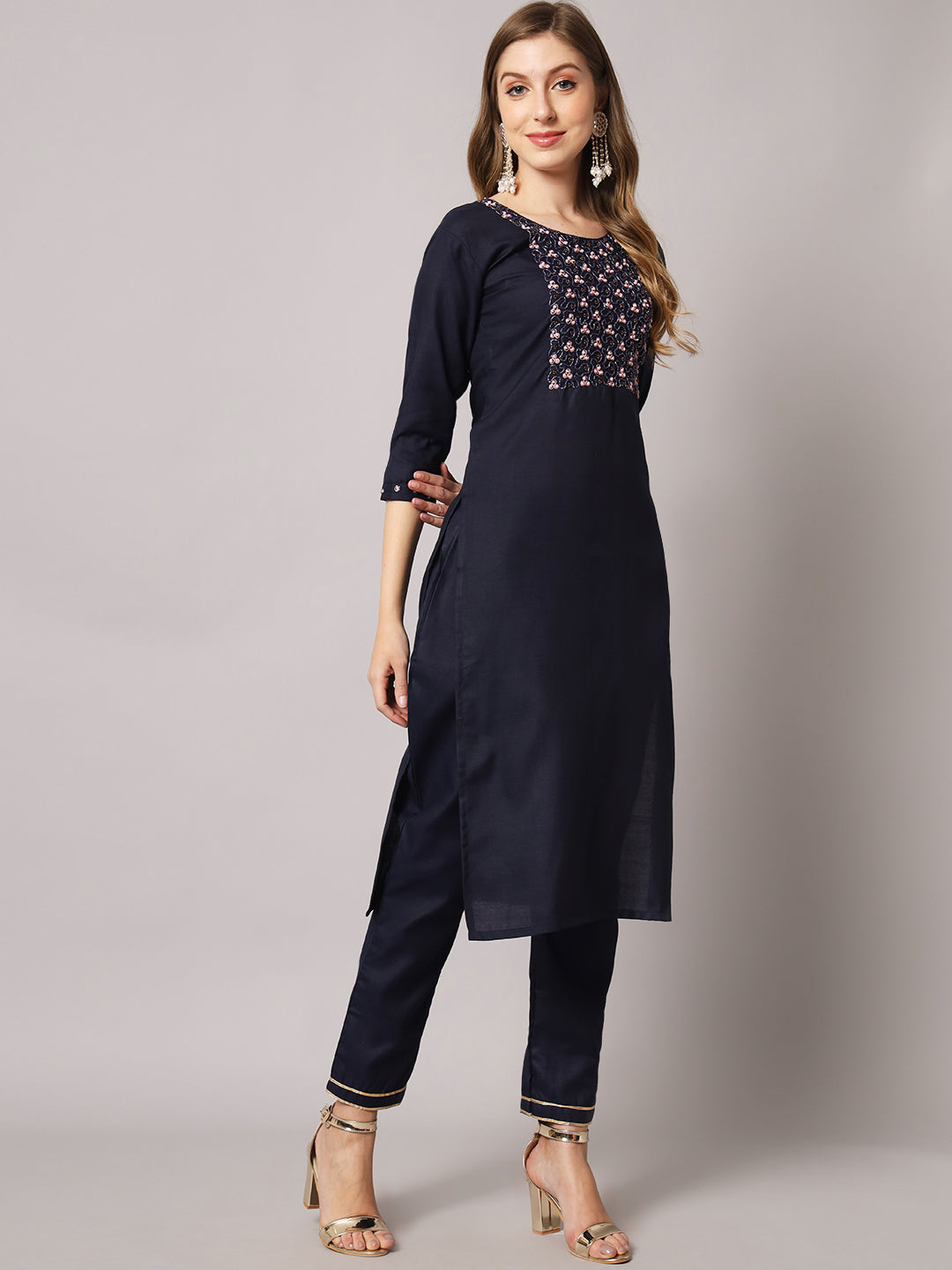 Cotton blend hand embroidery kurta set with dupatta
