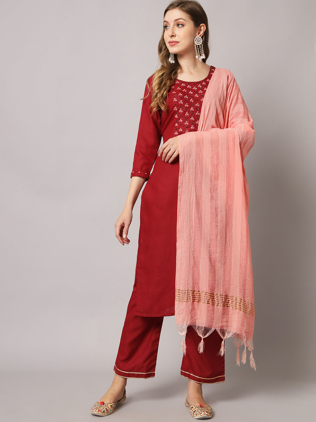Cotton blend hand embroidery kurta set with dupatta