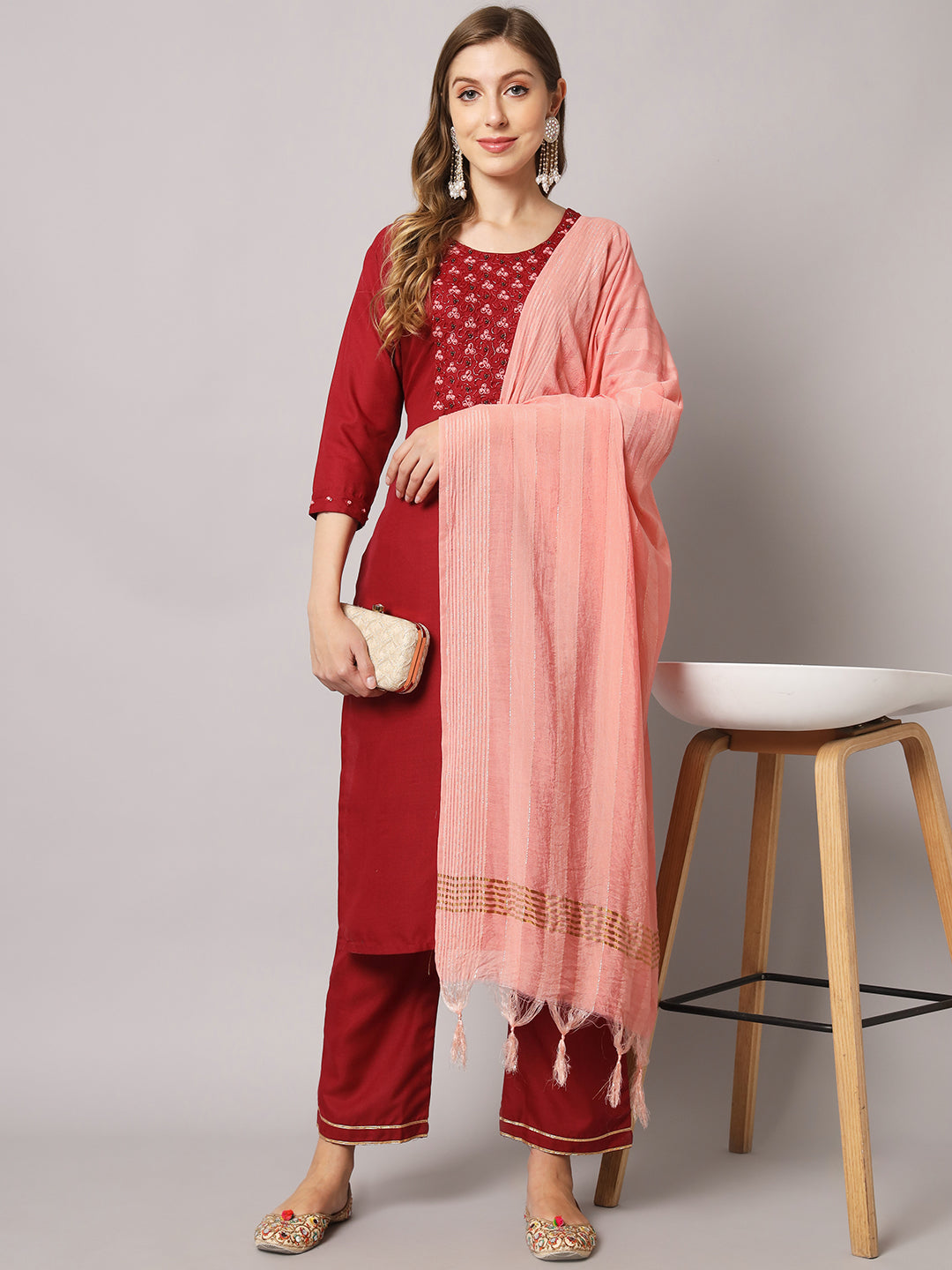 Cotton blend hand embroidery kurta set with dupatta