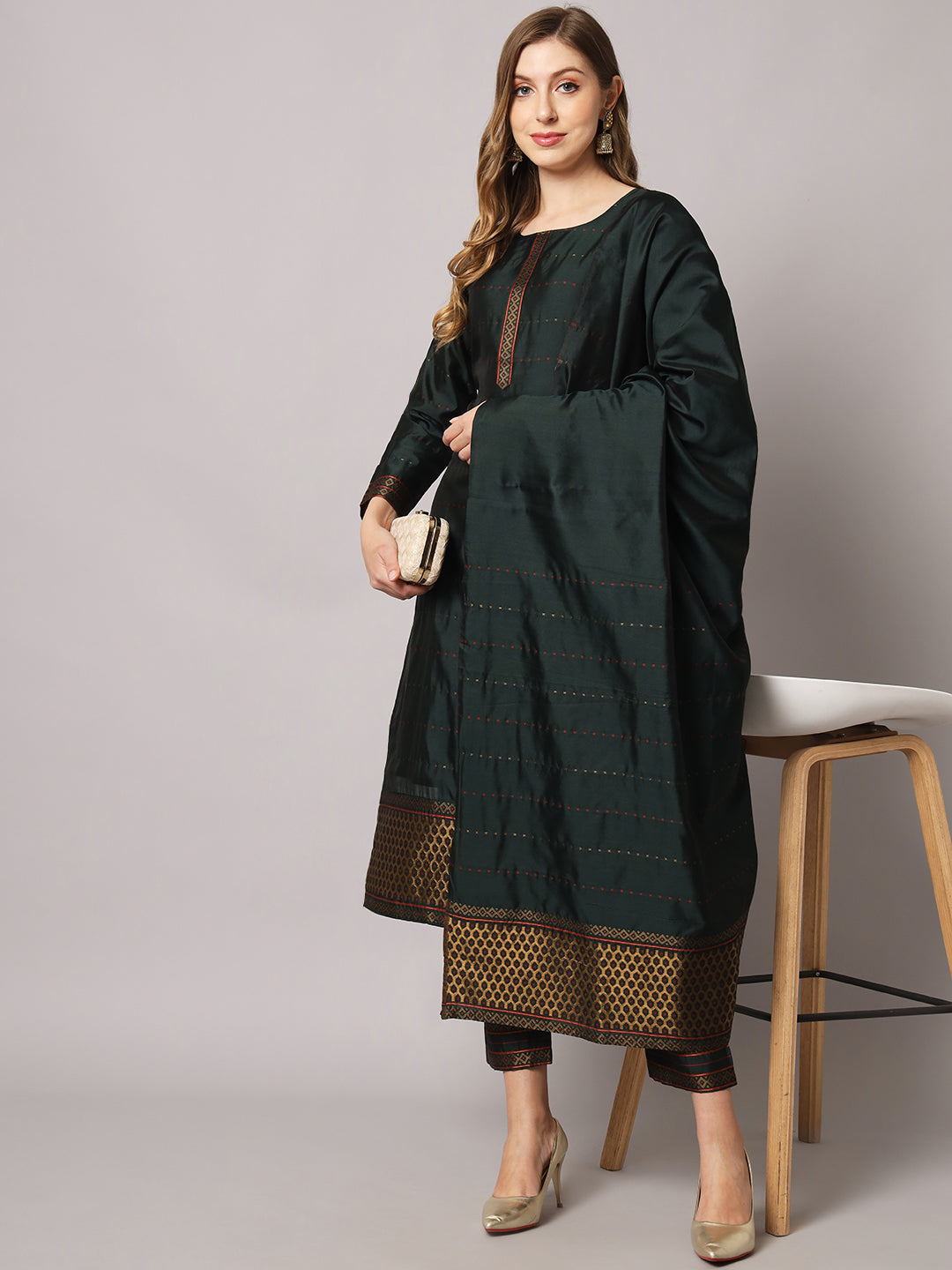 Silk blend woven kurta set with jacquard silk dupatta
