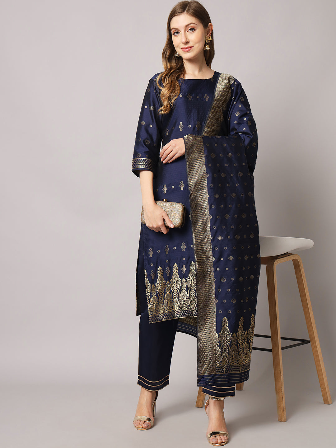 Jacquard silk blend woven kurta set with dupatta