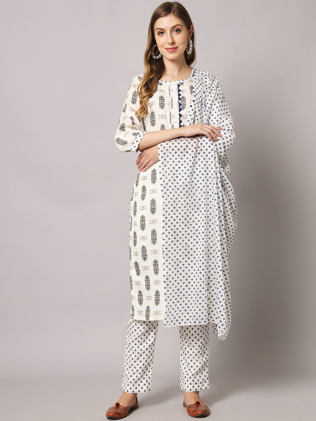 Cotton blend print kurta set with dupatta