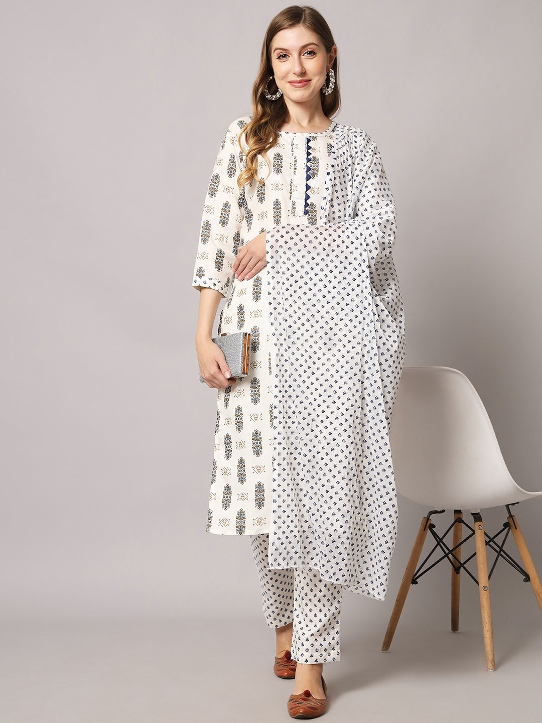 Cotton blend print kurta set with dupatta