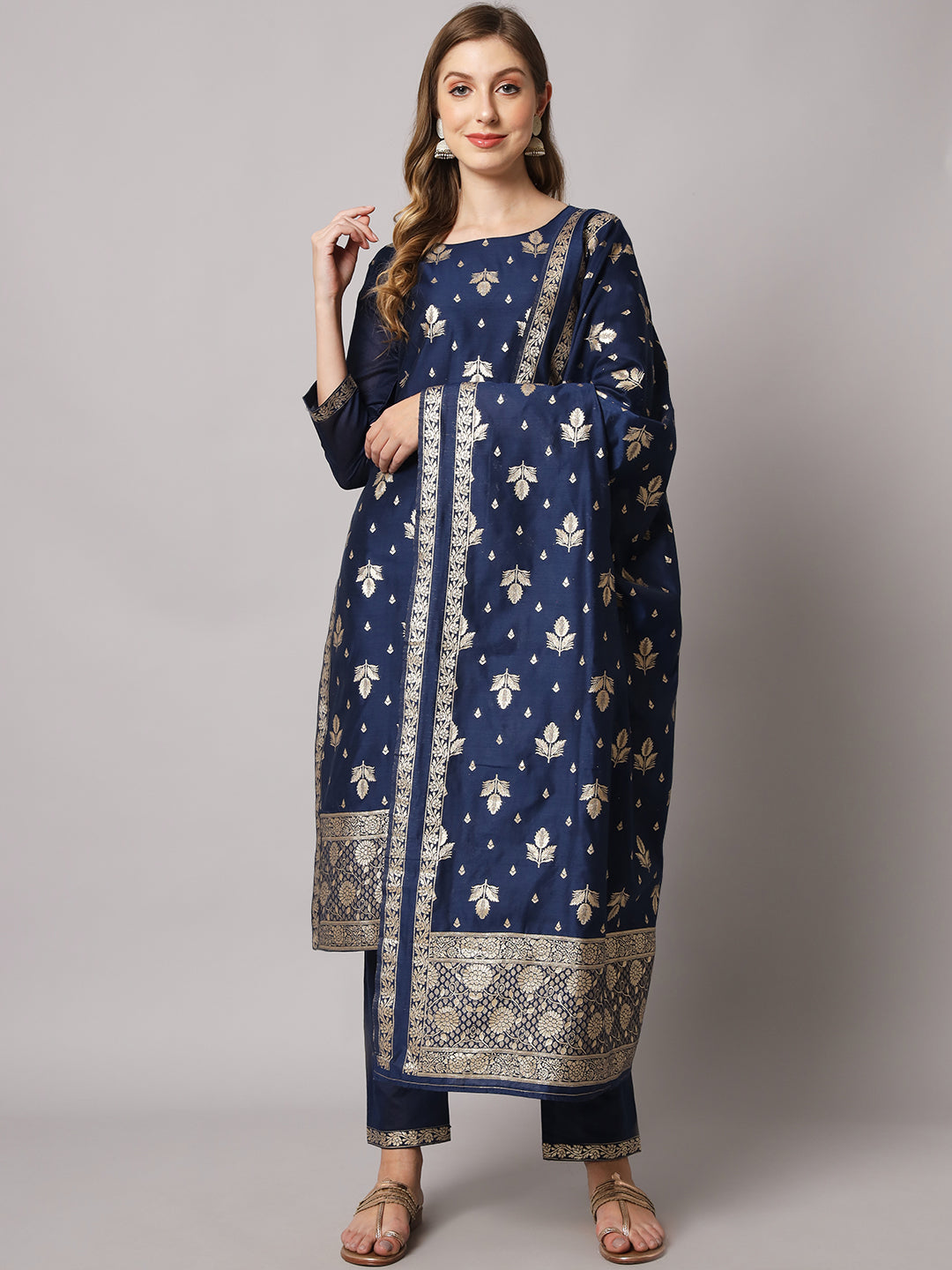 Jacquard silk blend woven kurta set with dupatta