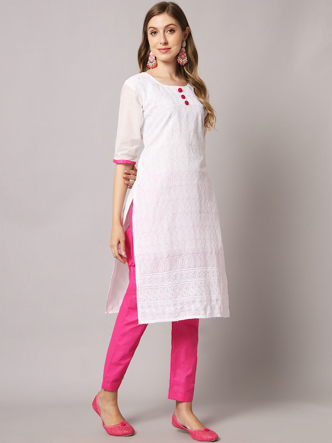 Cotton blend chikenkari kurta set with dupatta