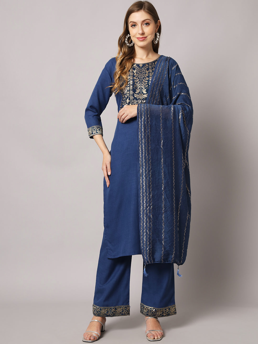 Cotton blend yoke print kurta set with dupatta