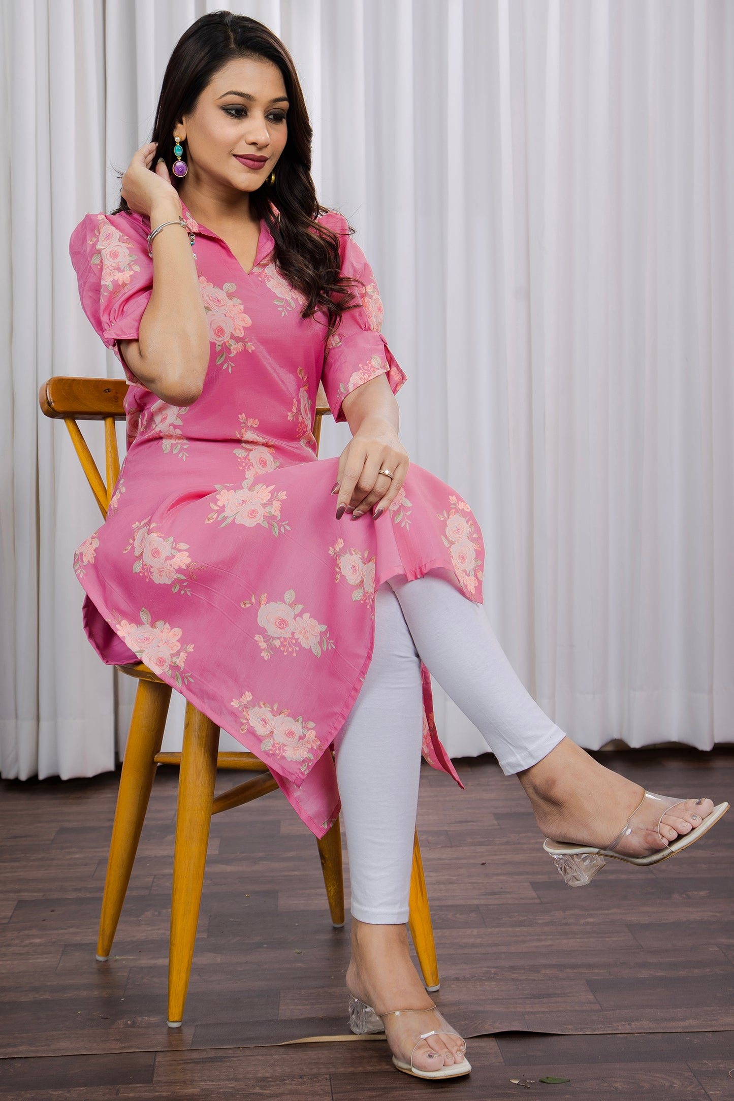 Chanderi Floral Printed Calf Length Kurta For Women