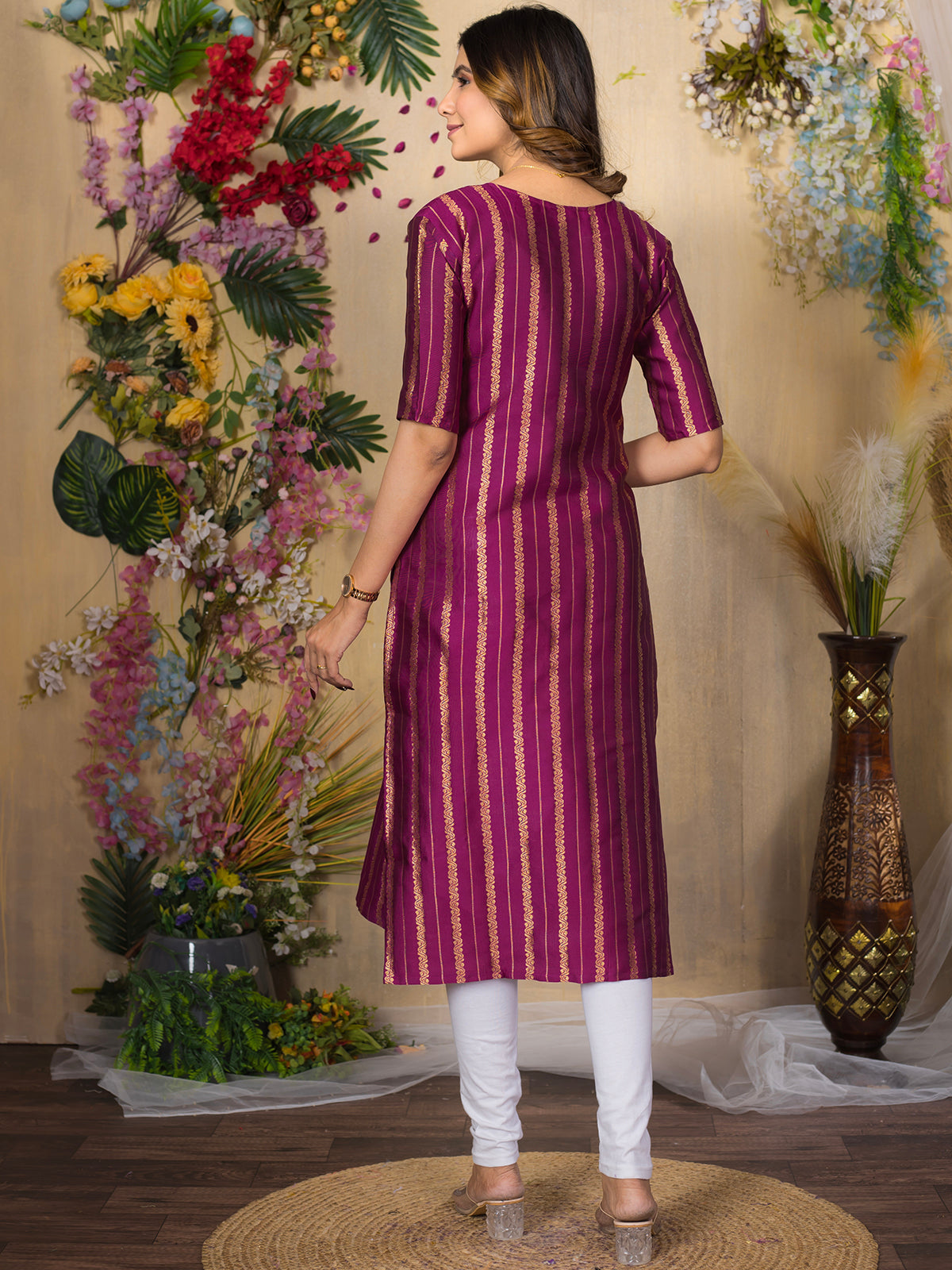 Jacquad weaving Calf Length Kurta For Women KT34_Wine