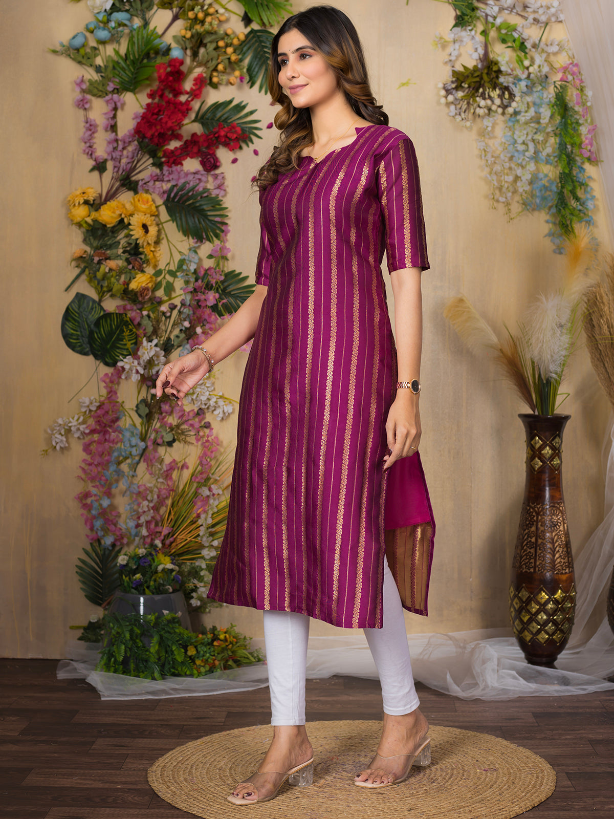 Jacquad weaving Calf Length Kurta For Women KT34_Wine