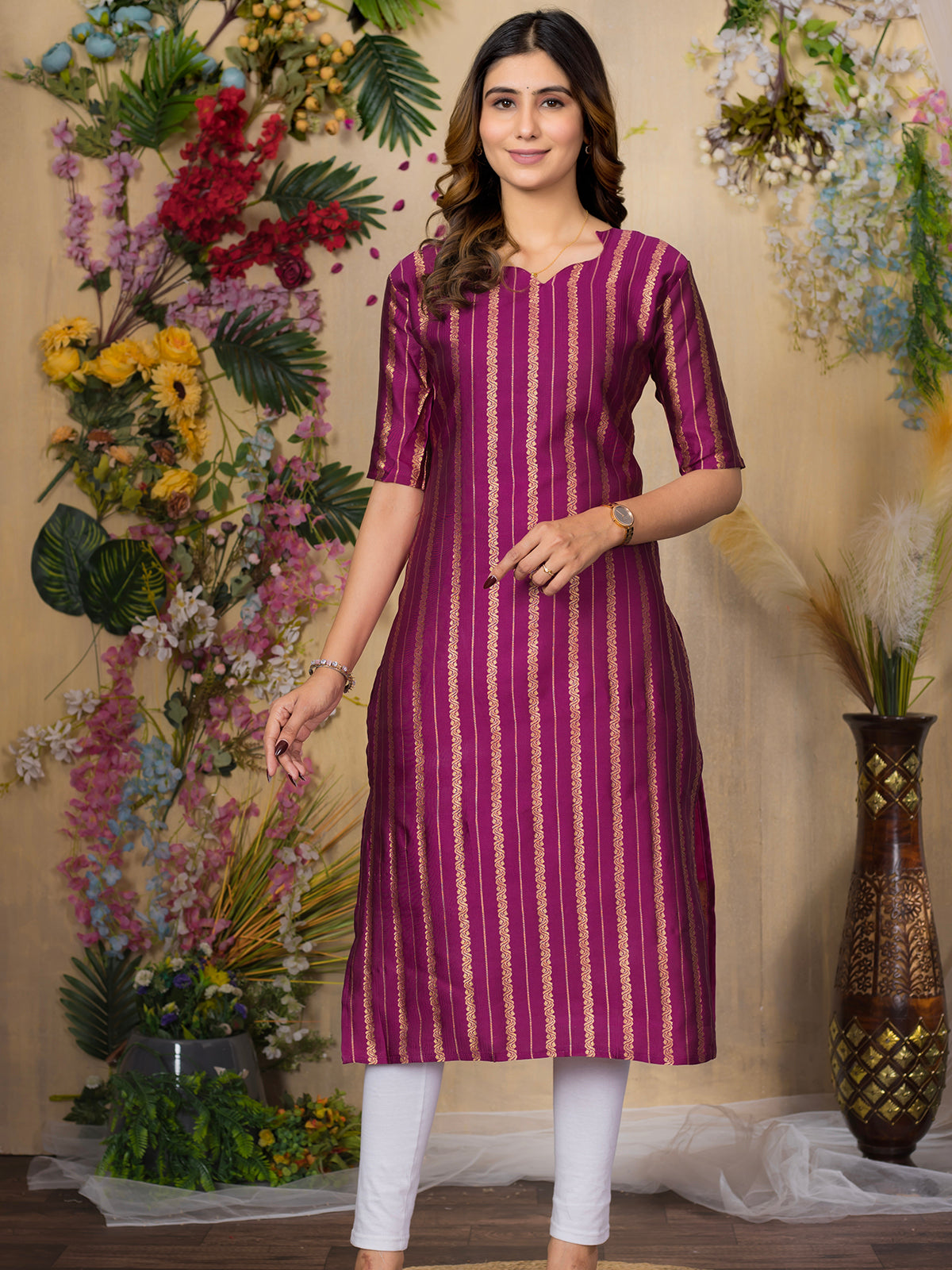 Jacquad weaving Calf Length Kurta For Women KT34_Wine