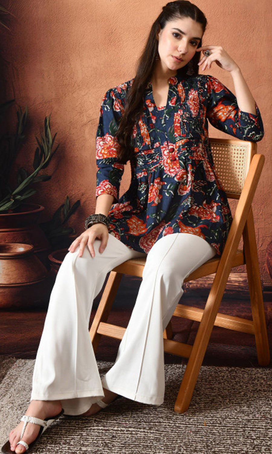 Women’s Cotton Floral Printed V-Neck Pleated Tunic Top