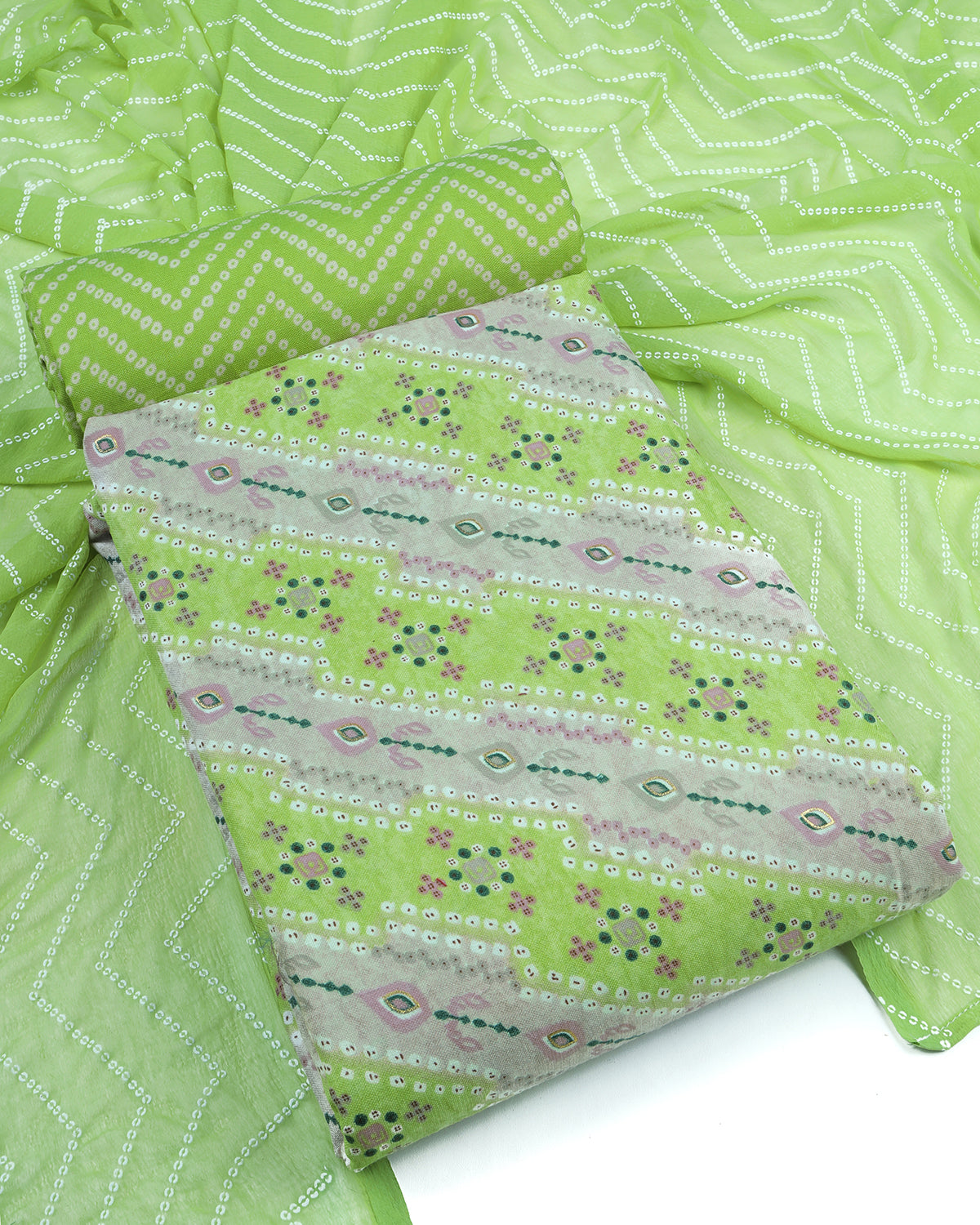 Cotton blend bandhani print unstitched dress material