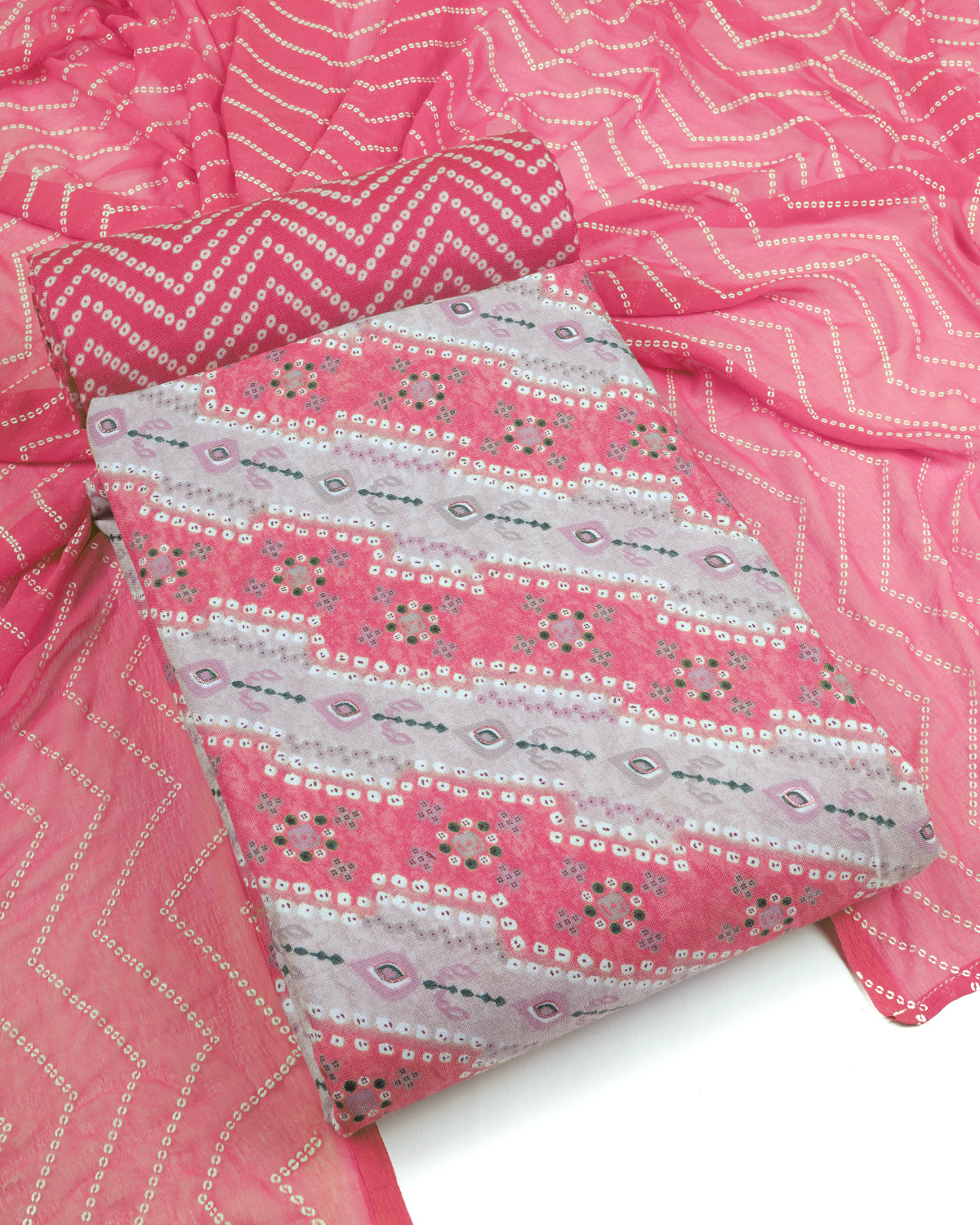 Cotton blend bandhani print unstitched dress material