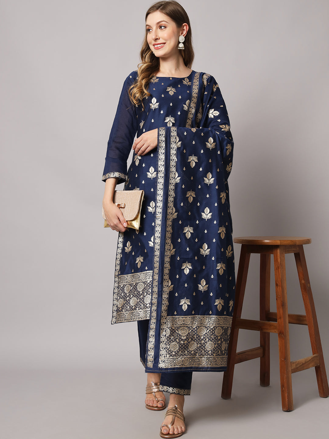 Jacquard silk blend woven kurta set with dupatta