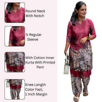 Maroon Printed Cotton Blend Kurta Set for Women