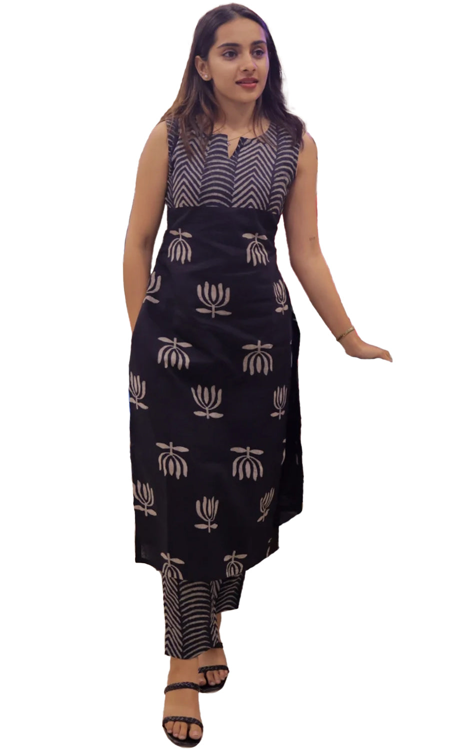 Women’s Rayon Butti Handblock Print Calf Length Straight Kurta Set