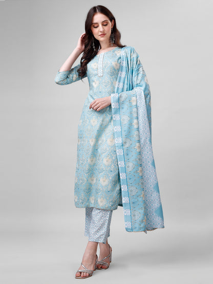 Cotton blend foil print kurta set with dupatta