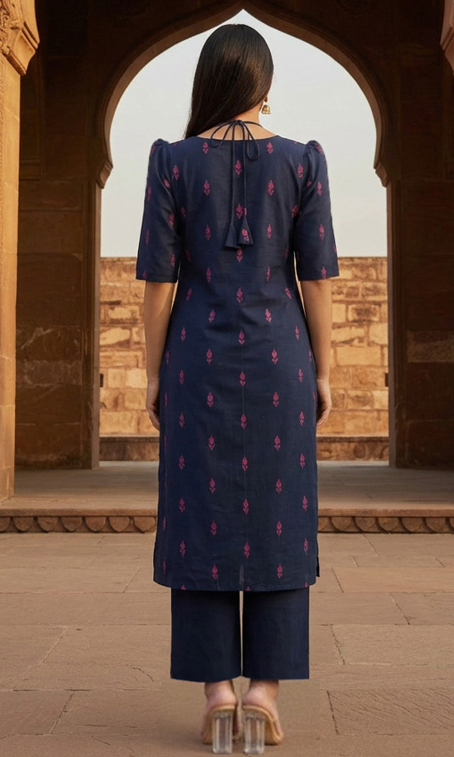 Women Navy Blue Printed Cotton Kurta Set