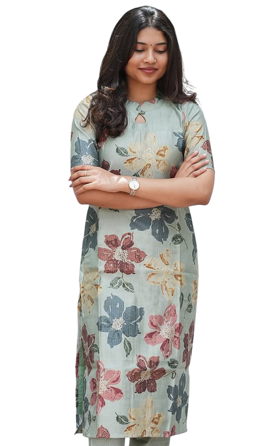 Linen Blend Printed Straight Calf Length Kurta for Women