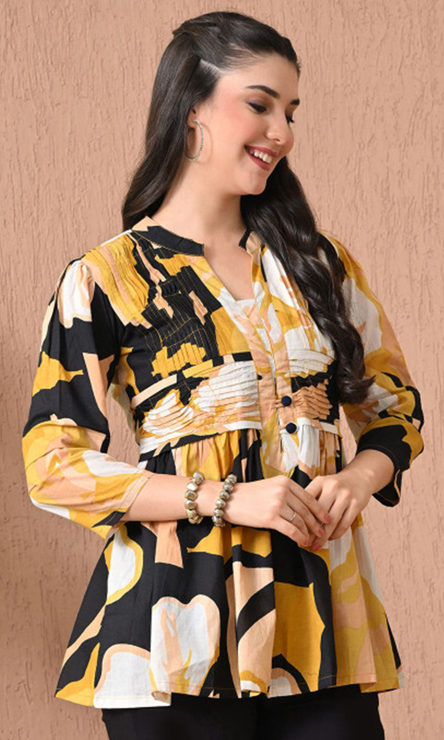 Women’s Cotton Abstract Printed Pleated Yoke Top