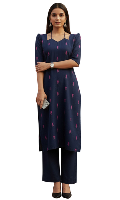 Women Navy Blue Printed Cotton Kurta Set