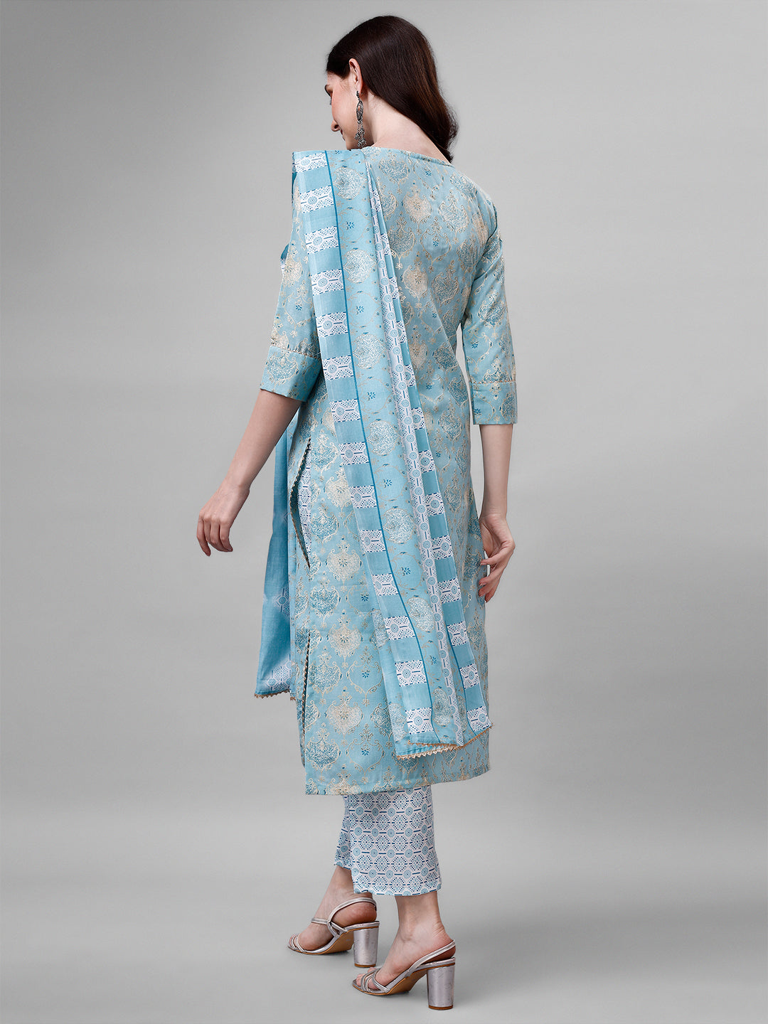 Cotton blend foil print kurta set with dupatta