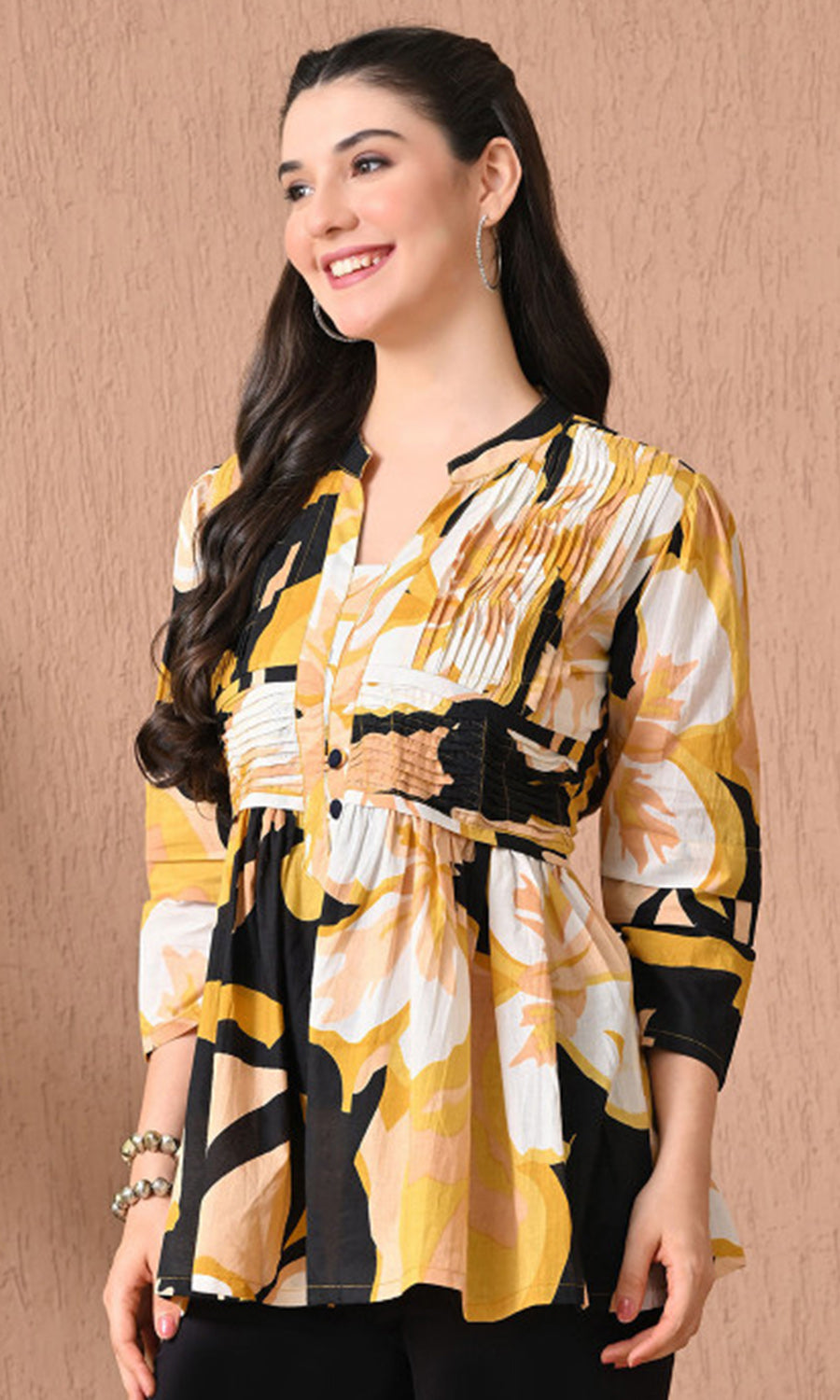 Women’s Cotton Abstract Printed Pleated Yoke Top